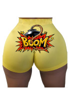 Yellow Polyester Elastic Fly High Print Straight shorts Bottoms