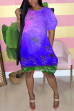 purple Street Cap Sleeve Short Sleeves O neck Lantern skirt Knee-Length Print Tie and dye Dresses