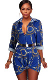 Blue Polyester Sexy Shirt sleeves Long Sleeves Turndown Collar Step Skirt Knee-Length Patchwork Print 