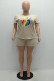 Khaki Casual Fashion Two Piece Suits Rainbow Solid Regular Short Sleeve Two-Piece Short Set