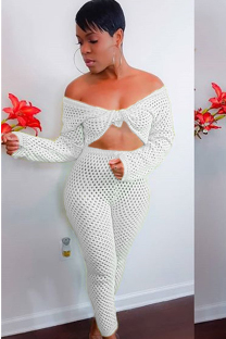 White Polyester Sexy Two Piece Suits Solid pencil Long Sleeve  Two-piece Pants Set
