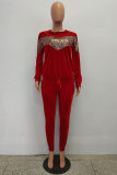 Red Drawstring Mid Patchwork pencil Pants Two-piece suit