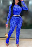 Blue Fashion Sexy Print Long Sleeve O Neck Jumpsuits