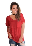Red Fashion Casual Regular V-Neck Short Solid Slim Tees & T-shirts