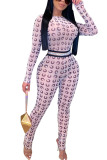 Pink Fashion Sexy Print Long Sleeve O Neck Jumpsuits