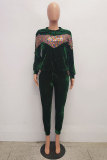 Green Drawstring Mid Patchwork pencil Pants Two-piece suit