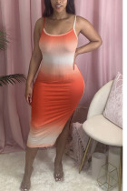 Orange Fashion Sexy adult Ma'am Spaghetti Strap Sleeveless Slip Step Skirt Mid-Calf Ombre backless Dresses