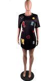 Black Polyester Fashion Sexy Cap Sleeve Short Sleeves O neck Slim Dress Mini Print Patchwork  Club Dresses