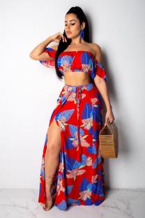 Red Polyester Sexy Fashion Patchwork Split Print A-line skirt  Two-Piece Dress