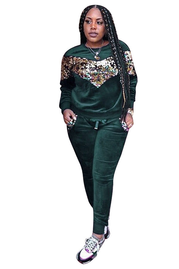 Green Drawstring Mid Patchwork pencil Pants Two-piece suit