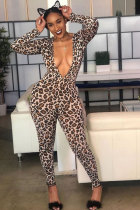 Leopard print Polyester Elastic Fly Long Sleeve Mid Print Leopard Skinny Pants  Jumpsuits & Rompers