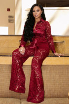 Red Polyester Elastic Fly Long Sleeve Mid lace Patchwork Straight Pants  Two-piece suit