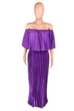 purple Fashion Casual adult Sexy Off The Shoulder One word collar Pleated Floor-Length Solid Drap