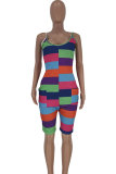 Green Sexy Fashion Patchwork Striped Print Polyester Sleeveless Slip  Rompers