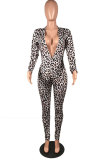 Leopard print Elastic Fly Long Sleeve Mid Print Leopard Skinny Pants Jumpsuits & Rompers
