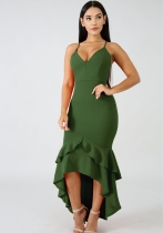 Green ARMY Brief Cute V-Neck Sleeveless Loose Middle length skirt Club Dresses