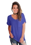 Blue Fashion Casual Regular V-Neck Short Solid Slim Tees & T-shirts