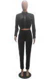 Black Elastic Fly Long Sleeve Mid Patchwork Solid Straight Pants Two-piece suit