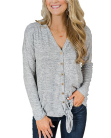 Grey V Neck Long Sleeve Solid  Sweaters & Cardigans