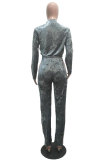 Blue Elastic Fly Long Sleeve Mid Patchwork Solid Straight Pants Two-piece suit