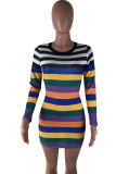 Multi-color Casual Long Sleeves O neck Slim Dress Mini Striped Casual Dresses