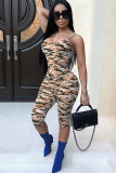 Blue Fashion Sexy Print Camouflage Patchwork Sleeveless Slip  Rompers