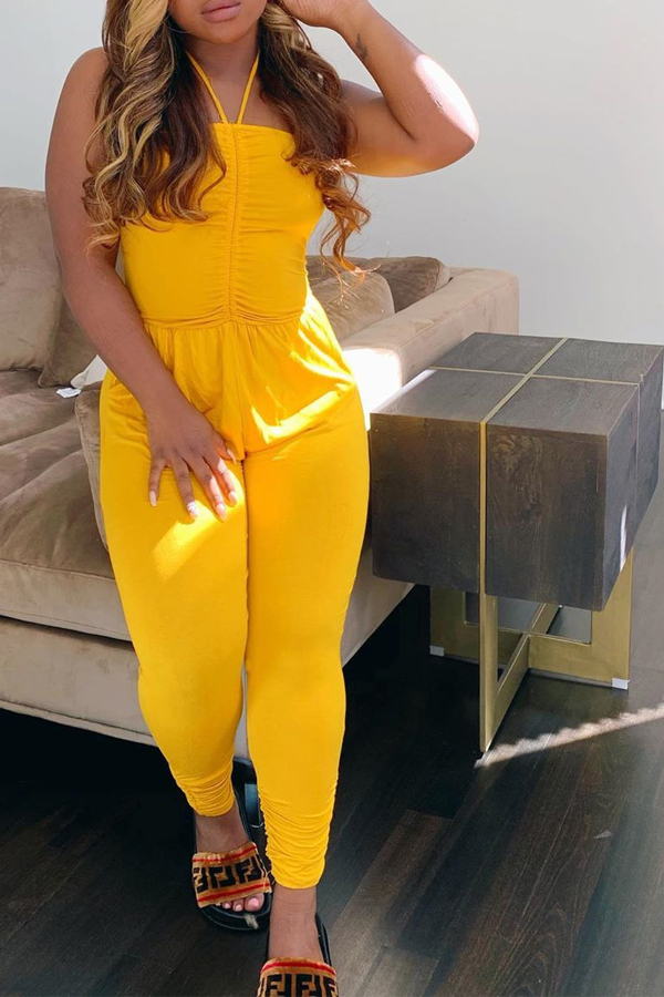 Yellow Sexy Slip Solid backless Draped Plus Size