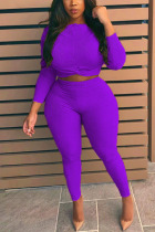 purple Polyester Fashion Casual adult Ma'am O Neck Solid Two Piece Suits Stitching Plus Size 