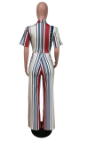 Red Polyester Sexy Fashion Bandage Two Piece Suits asymmetrical Striped crop top Skinny Short Sleeve  Tw