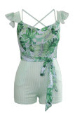 Green Sexy Fashion Patchwork Print Ruffled Short Sleeve Asymmetrical Collar Rompers