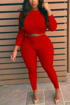 Red Polyester Fashion Casual adult Ma'am O Neck Solid Two Piece Suits Stitching Plus Size 