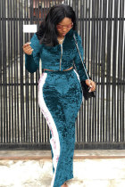 Blue Polyester Elastic Fly Long Sleeve Mid Patchwork Solid Straight Pants  Two-piece suit