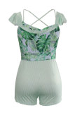 Green Sexy Fashion Patchwork Print Ruffled Short Sleeve Asymmetrical Collar Rompers