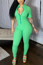 Green Fashion Sexy Solid zipper Polyester Short Sleeve O Neck Jumpsuits