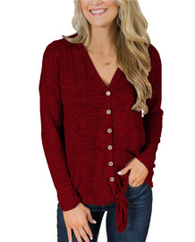 Wine Red V Neck Long Sleeve Solid  Sweaters & Cardigans