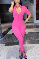 rose red Fashion Sexy Solid zipper Polyester Short Sleeve O Neck Jumpsuits