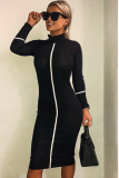Black Cotton Sexy Cap Sleeve Long Sleeves O neck Step Skirt Mid-Calf Solid  Long Sleeve Dresses