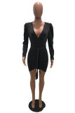 Black Sexy Fashion Cap Sleeve Long Sleeves V Neck Step Skirt Mini hollow out asymmetrical Club Dresses