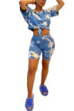 Blue venetian Fashion Casual adult Ma'am Print Tie Dye Two Piece Suits Straight Short Sleeve Two Pieces
