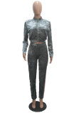 Blue Elastic Fly Long Sleeve Mid Patchwork Solid Straight Pants Two-piece suit