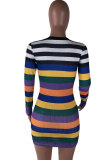Multi-color Casual Long Sleeves O neck Slim Dress Mini Striped Casual Dresses