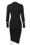 Black Cotton Sexy Cap Sleeve Long Sleeves O neck Step Skirt Mid-Calf Solid  Long Sleeve Dresses