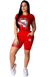 Red Fashion Active adult Ma'am Patchwork Print Two Piece Suits Lips Print pencil Short Sleeve Two Pieces