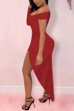 Wine Red Sexy Off The Shoulder Long Sleeves V Neck Asymmetrical Mini Patchwork Solid asymmetrical Dresses