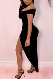 Black Sexy Off The Shoulder Long Sleeves V Neck Asymmetrical Mini Patchwork Solid asymmetrical Dresses