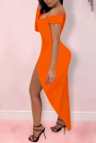 Orange Sexy Off The Shoulder Long Sleeves V Neck Asymmetrical Mini Patchwork Solid asymmetrical Dresses
