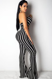 Black Fashion Sexy Striped Print Patchwork Sleeveless Slip Jumpsuits