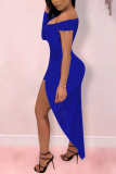 Blue Sexy Off The Shoulder Long Sleeves V Neck Asymmetrical Mini Patchwork Solid asymmetrical Dresses