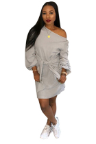 Grey Casual One Shoulder Long Sleeves one shoulder collar A-Line Mini  Casual Dresses