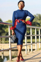 Blue Fashion Bell sleeve Long Sleeves O neck Step Skirt Knee-Length Patchwork  Long Sleeve Dresses
